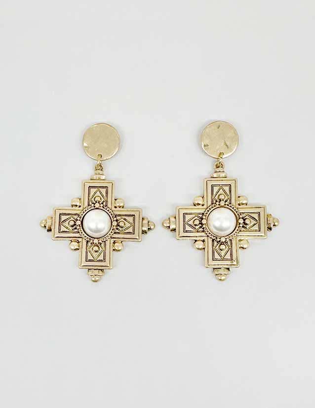 Pretty Persuasions - E25084 Faux Pearl Adorned Vintage Cross Dangle Earrings: 01 WG