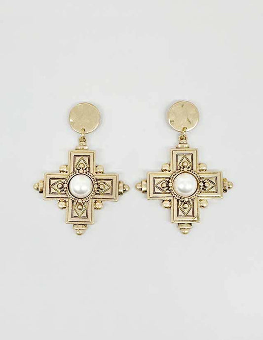 Pretty Persuasions - E25084 Faux Pearl Adorned Vintage Cross Dangle Earrings: 01 WG