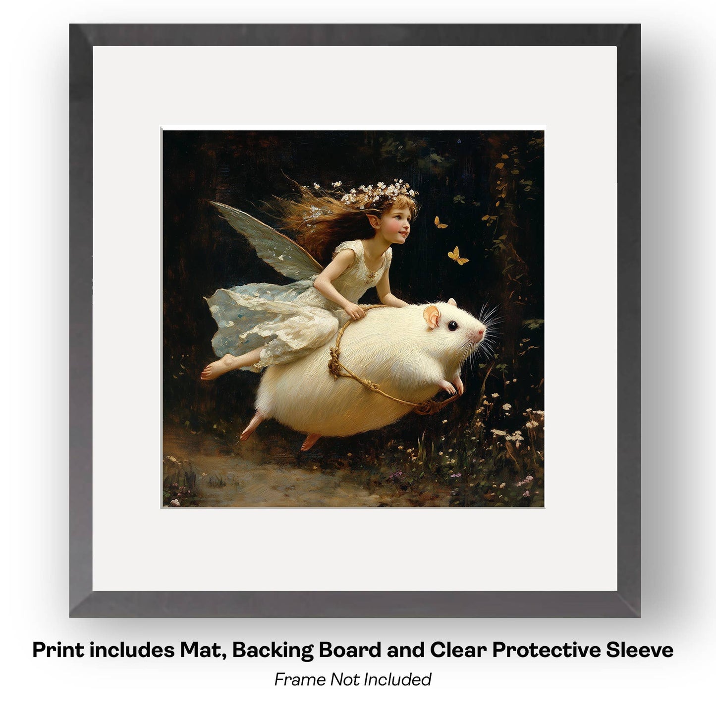 Mowbi - Fairy Riding a Hummingbird -  Fairy Art Prints – 8″x8″ Artwork in 12″x12″ Mat