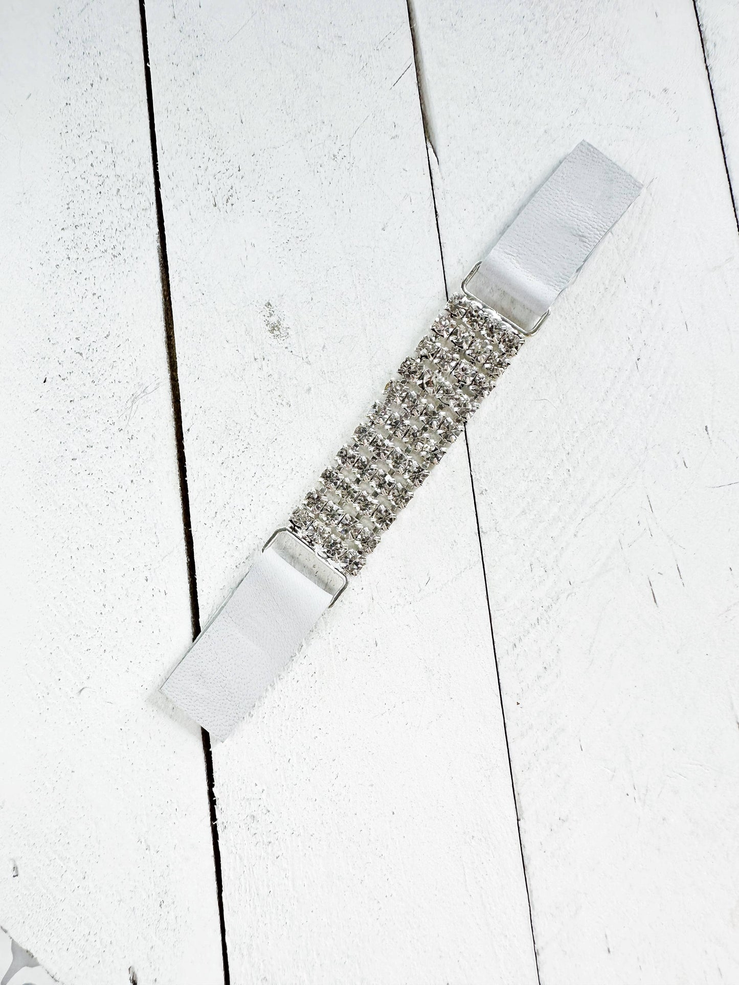 KardiKlips - Rhinestones & White Leather Straight Cinch Clip for Dresses