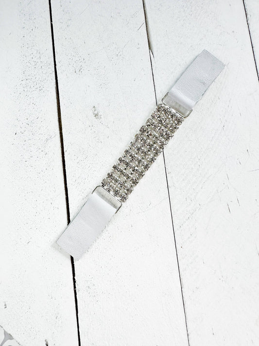 KardiKlips - Rhinestones & White Leather Straight Cinch Clip for Dresses