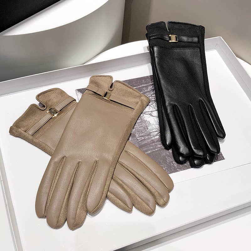 PEACH ACCESSORIES - LG004 Classic Elegance PU Leather Gloves with Shiny Buckle: Taupe