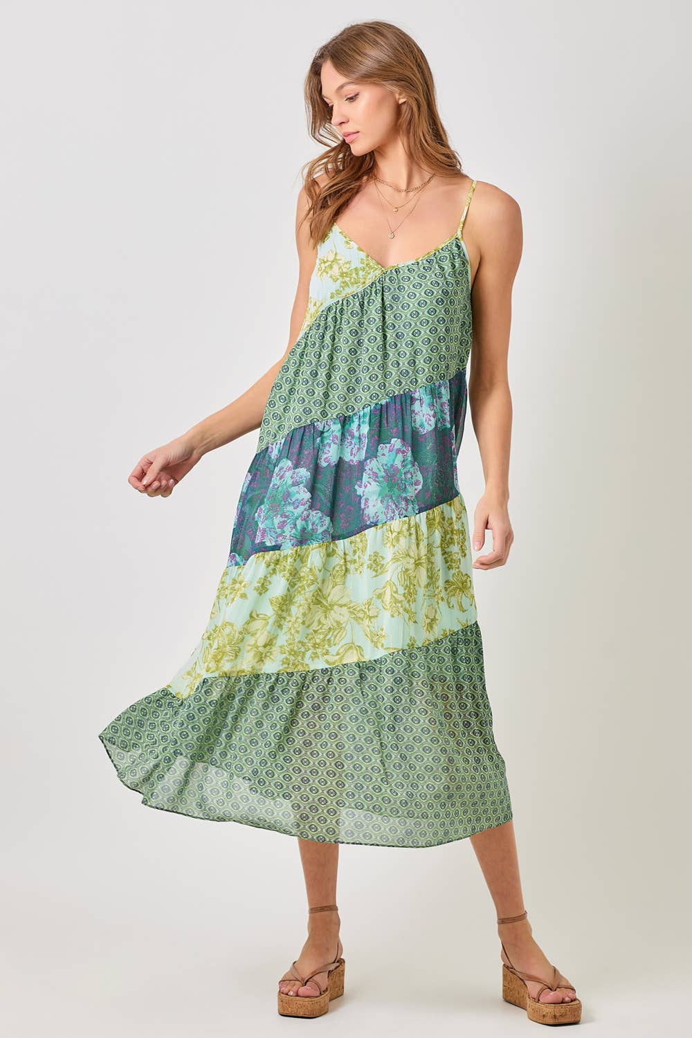 Mystree - 60071 Print Mixed Maxi Dress: Lavender Mix / Small