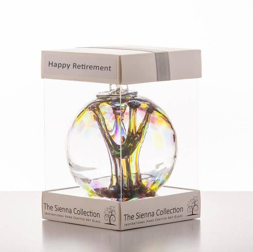 Sienna Glass - 10cm Spirit Ball - Happy Retirement - Purple, Green & Blue