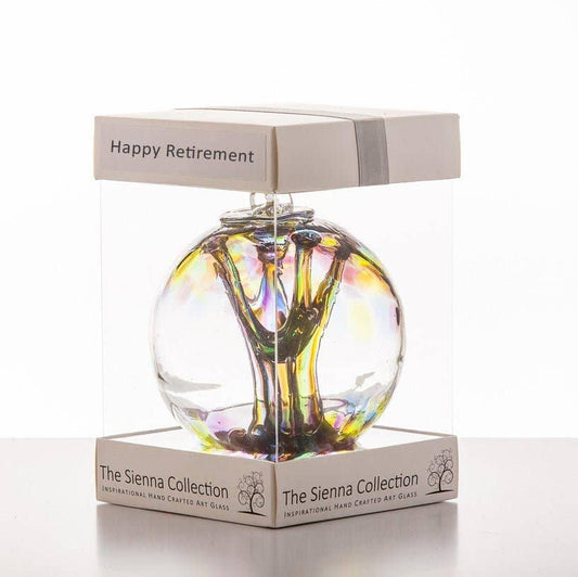 Sienna Glass - 10cm Spirit Ball - Happy Retirement - Purple, Green & Blue