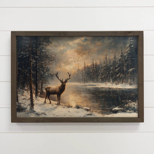 Hangout Home - Winter Lone Deer - Winter Canvas Wall Art - Wood Framed Art: 24x36" Extra Large Canvas Art with Thick Wood Frame