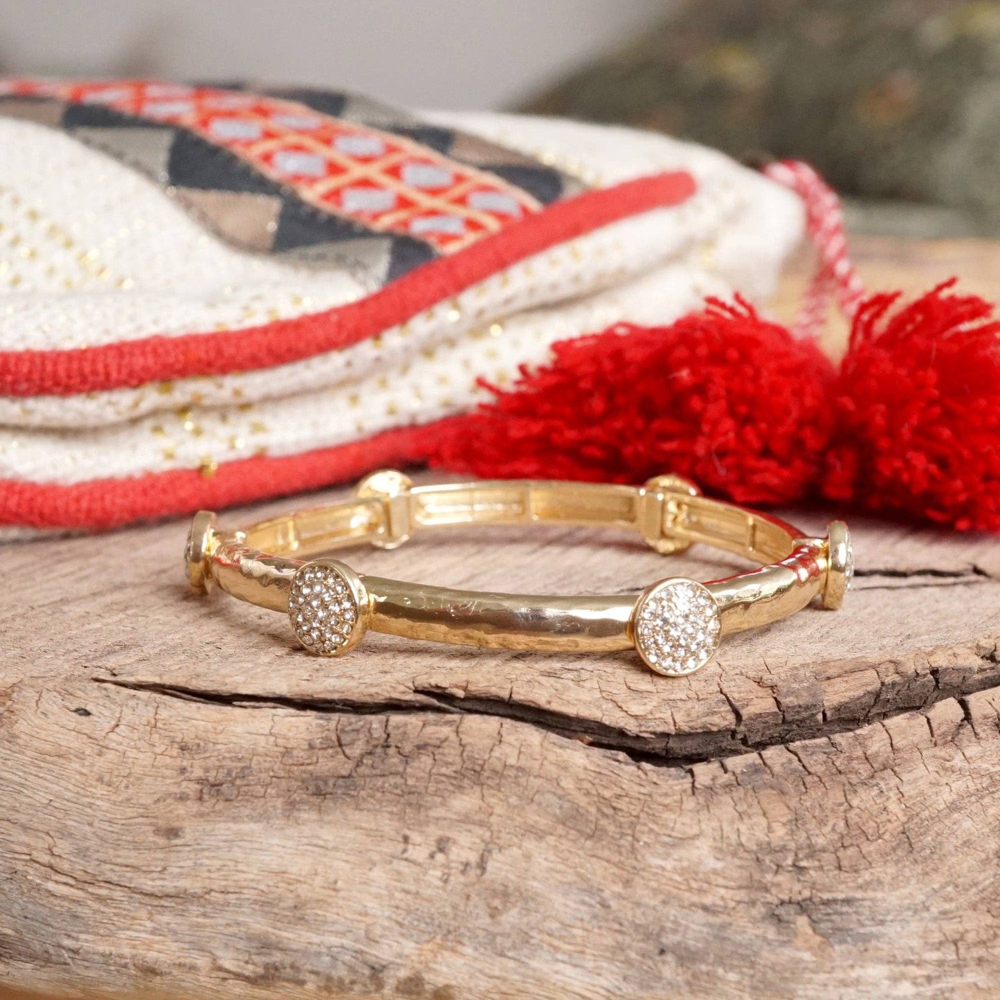 PennyLine inc - Stretchy Bangle with Crystal Pavé Round Accents – Gold or Silver Tone: Gold Tone