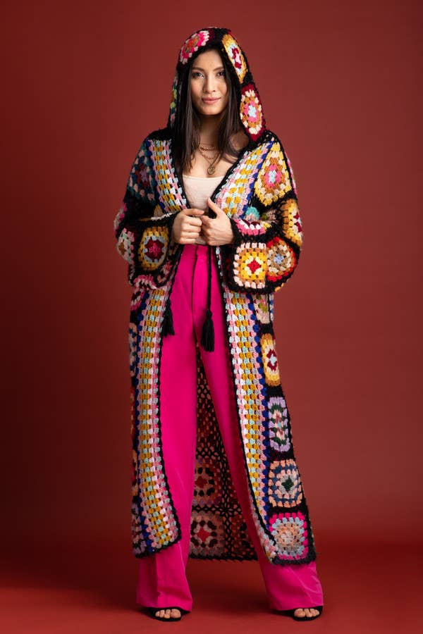 SAACHI - Hooded Granny Crochet Kimono: White