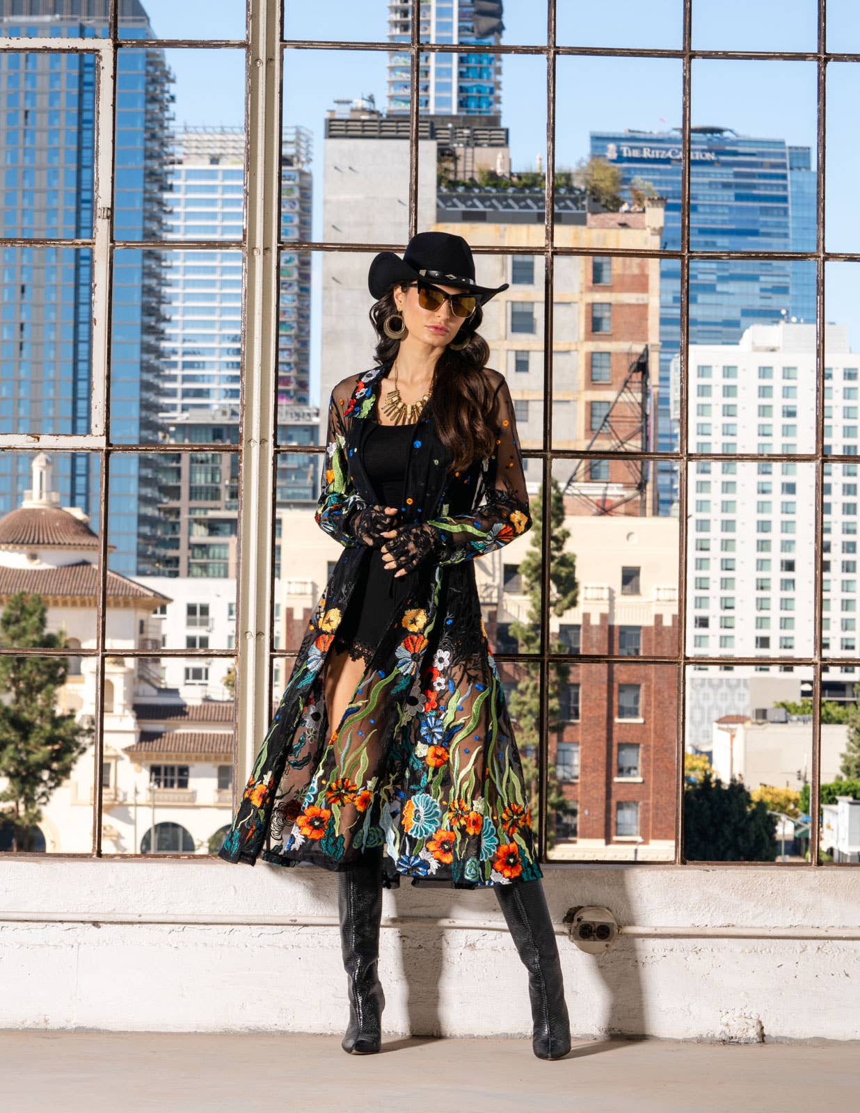 Adore - T417BK - Long Black Embroidered Sheer Duster: S