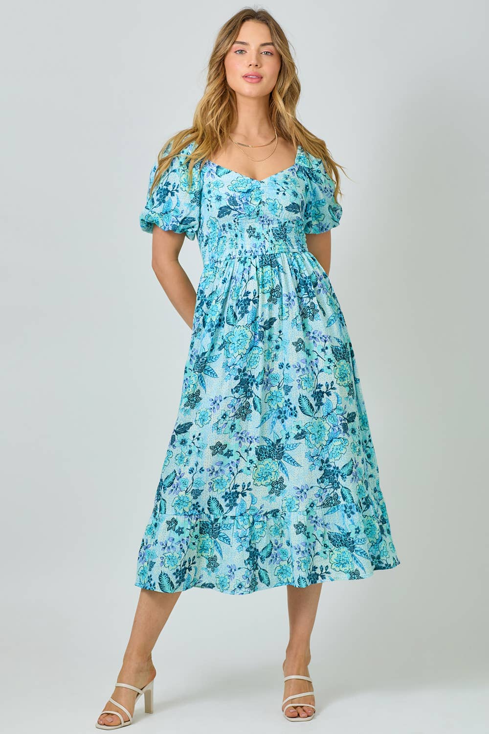 Mystree - 60945 Balloon Sleeve Long Dress: Ocean Blue / Large