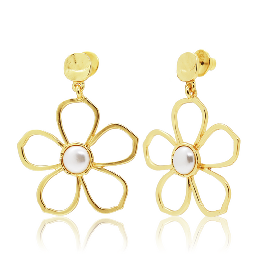 KARINE SULTAN - Flower and Pearl Stud Earrings - 24K Gold Plated