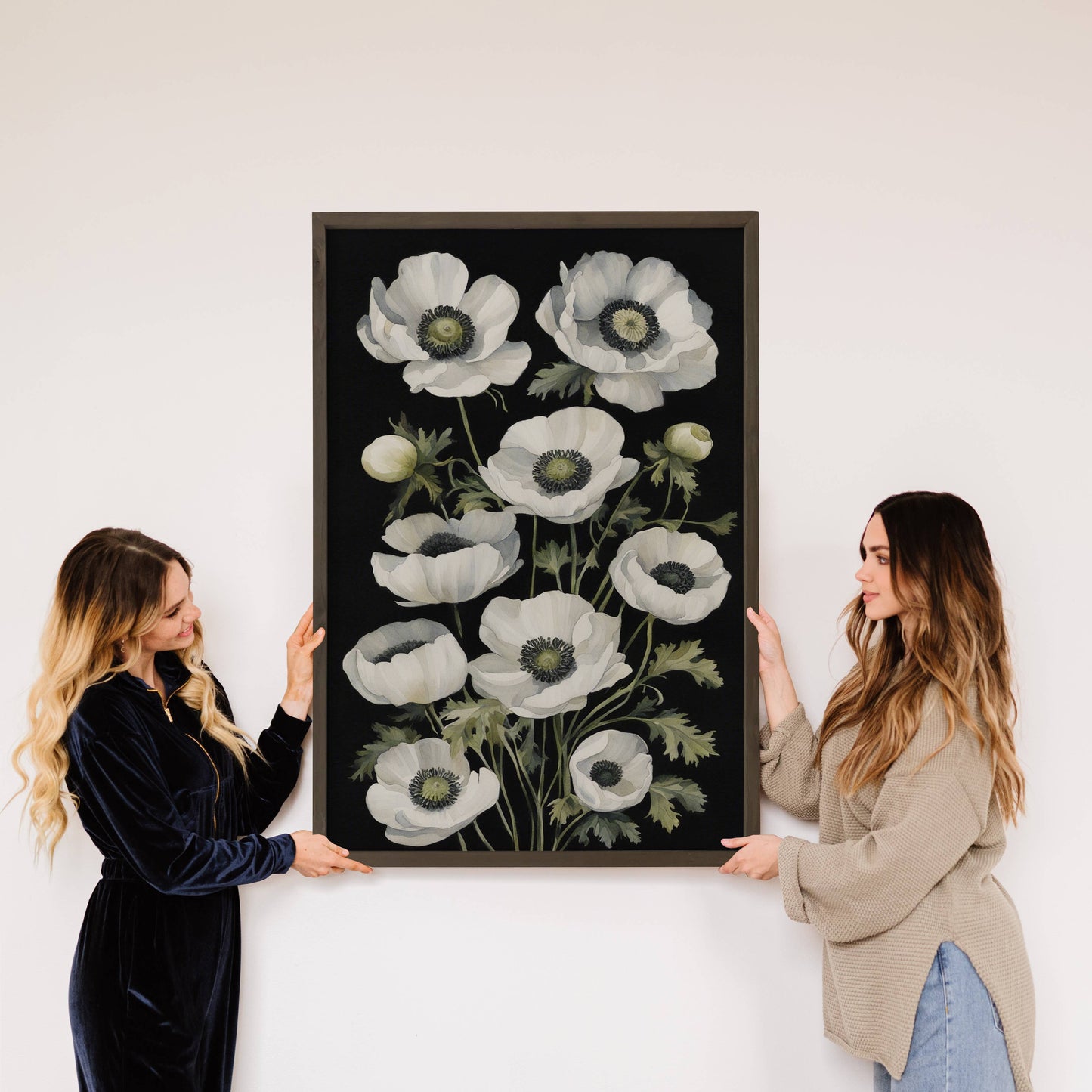 Hangout Home - Anemone Flower Black Background - Flower Canvas Art - Framed: 24x36" Extra Large Canvas Art with Thick Wood Frame