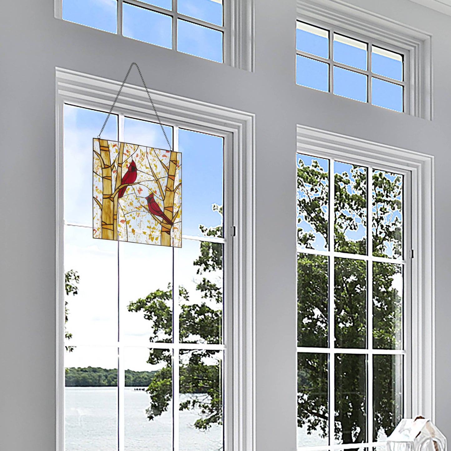 River of Goods - 14"H Eden Red Cardinals in Autumn Stained Glass Window Panel