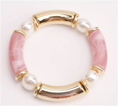 What's Hot - Pink , Gold, and Pearl Bamboo Tube and Gold Stretch Bracelet