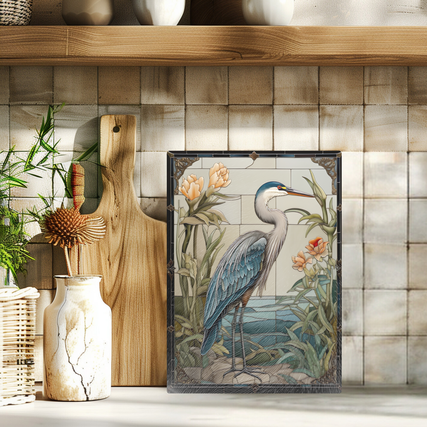 Fernville Creations - Blue Heron Tempered Glass Cutting Board, Charcuterie Board: 11 X 15 - Inch