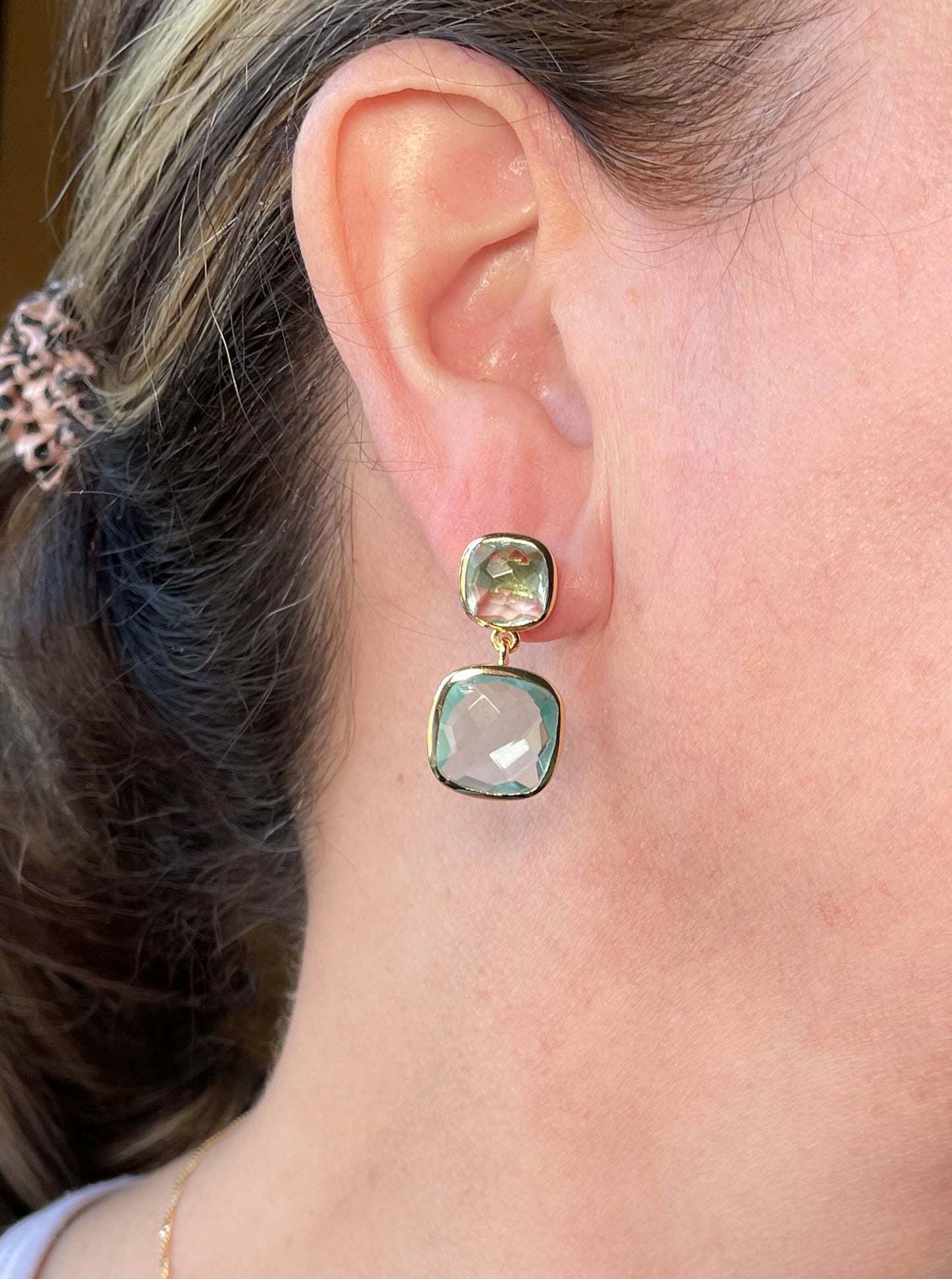 AJS Design Studio - Gold cushion cut double drop blue topaz earrings