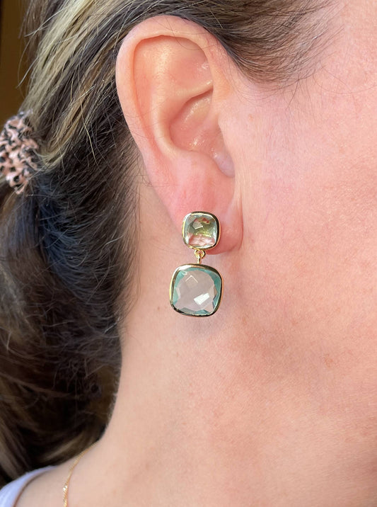 AJS Design Studio - Gold cushion cut double drop blue topaz earrings