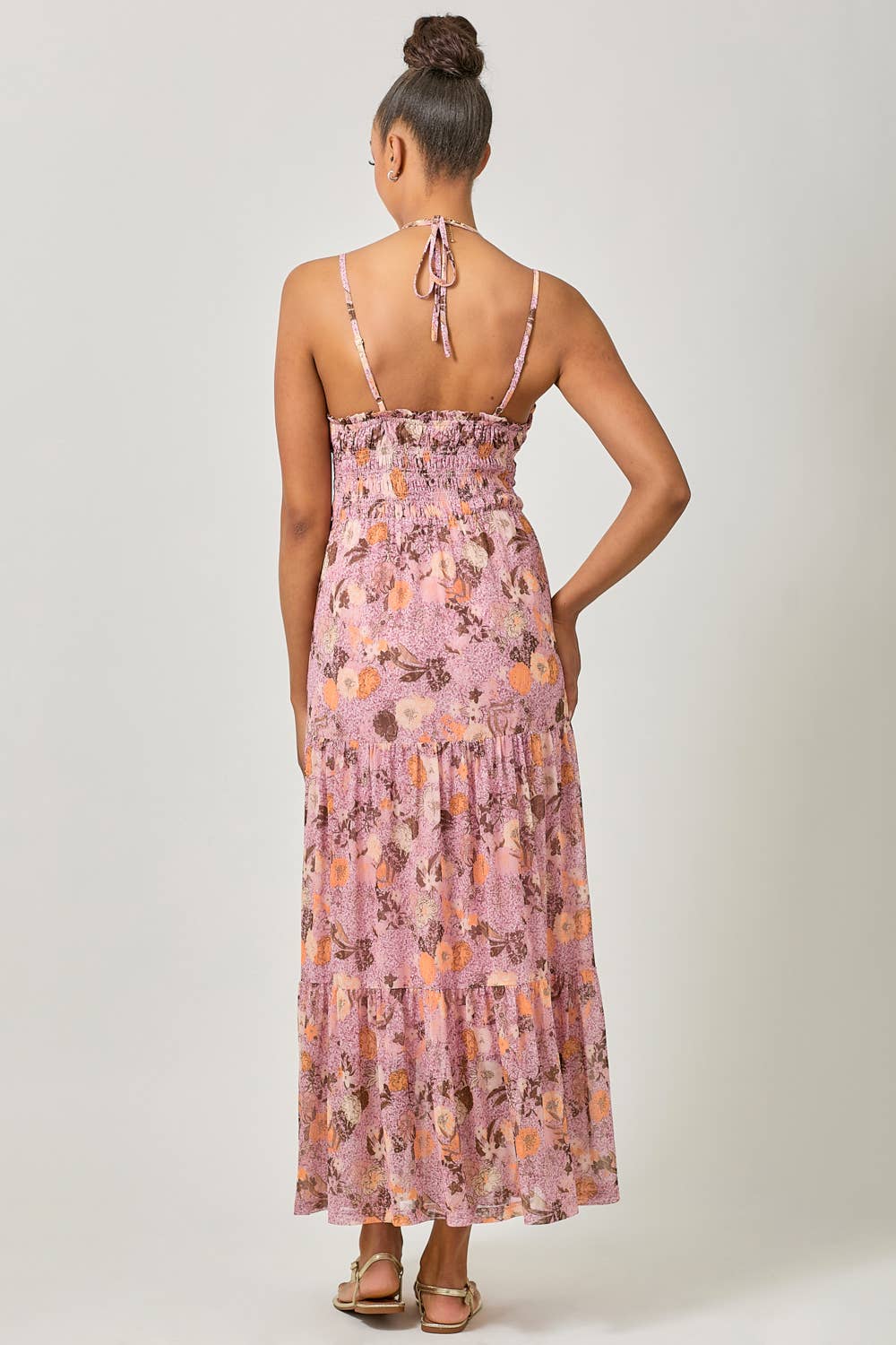 Mystree - 61048 Printed Mesh Long Tiered Dress: Ivory/Pale Blue / Medium