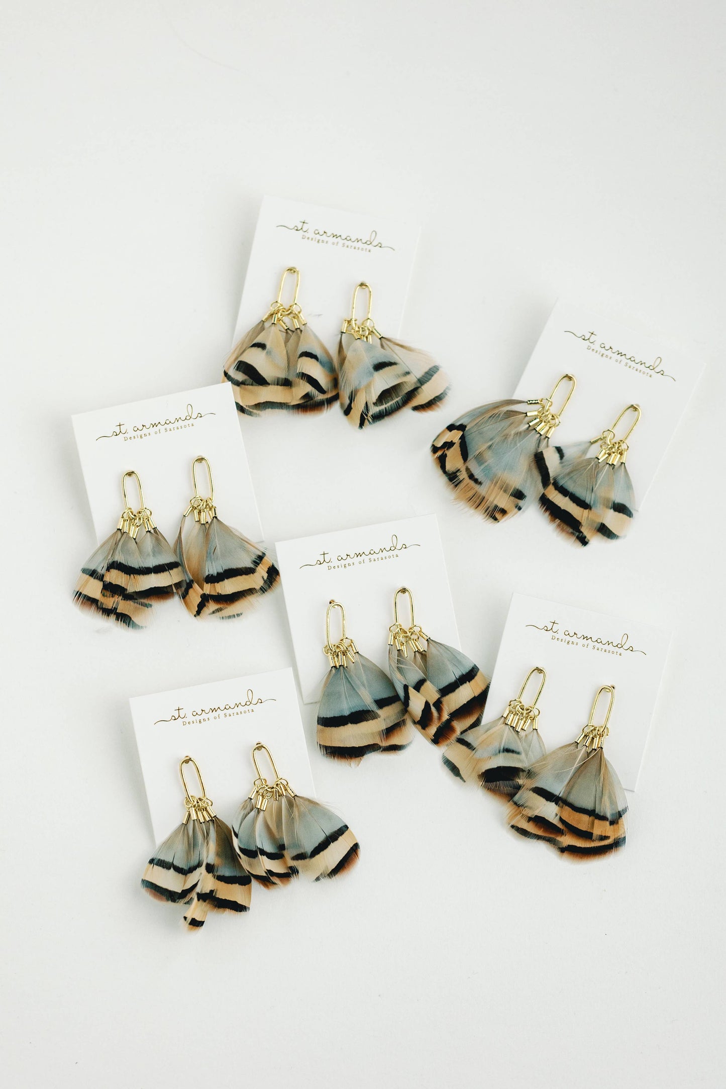 St Armands Designs of Sarasota - Brown Striped Feather Statement Tassel Earrings