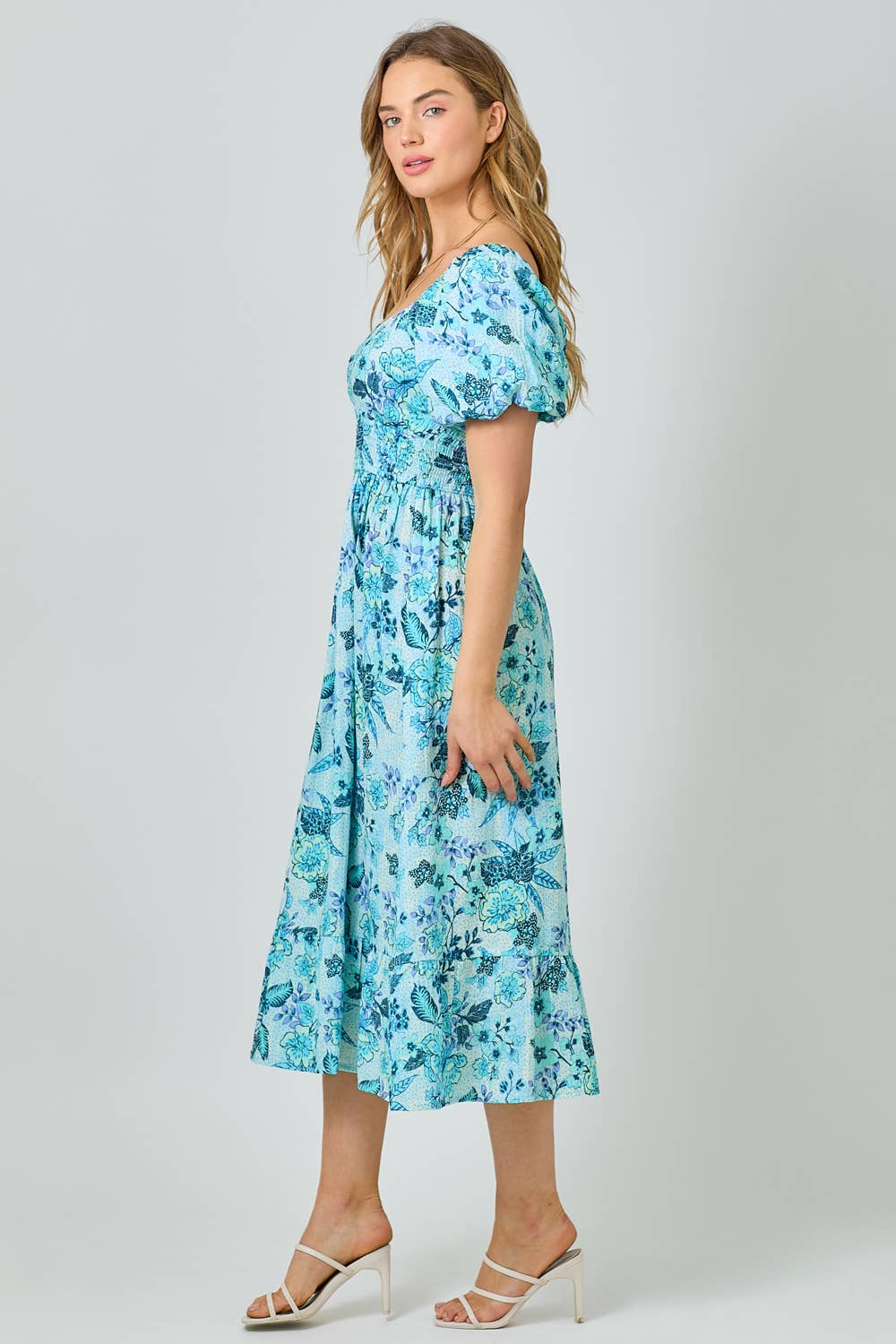 Mystree - 60945 Balloon Sleeve Long Dress: Ocean Blue / Small