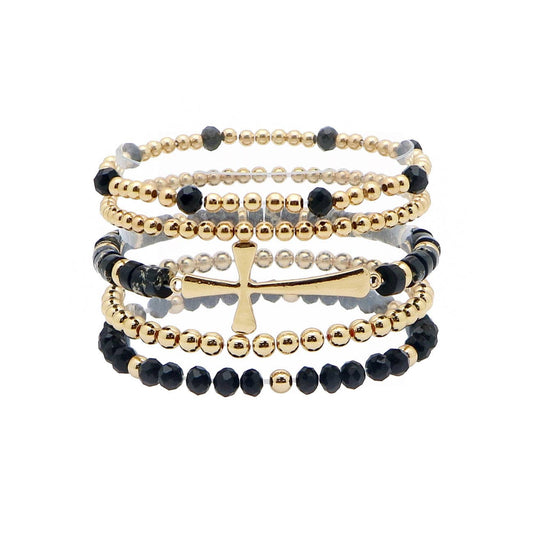 What's Hot - Set of 5 Gold, Black Crystal, and Gold Cross Stretch Bracelet Set