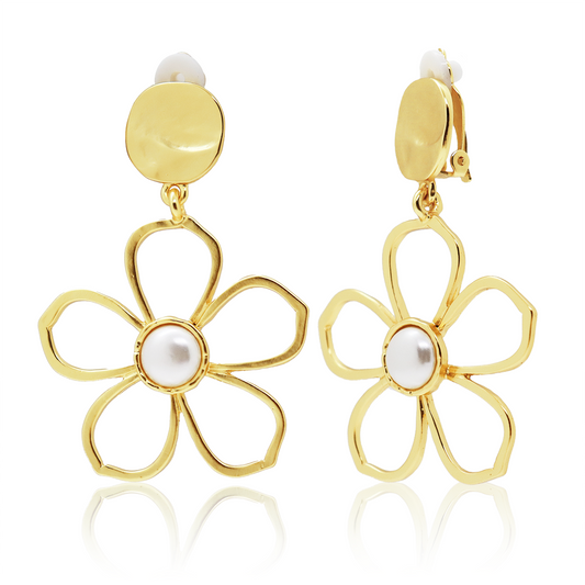 KARINE SULTAN - Charming Flower & Pearl Clip-On Earrings - 24K Gold Plated