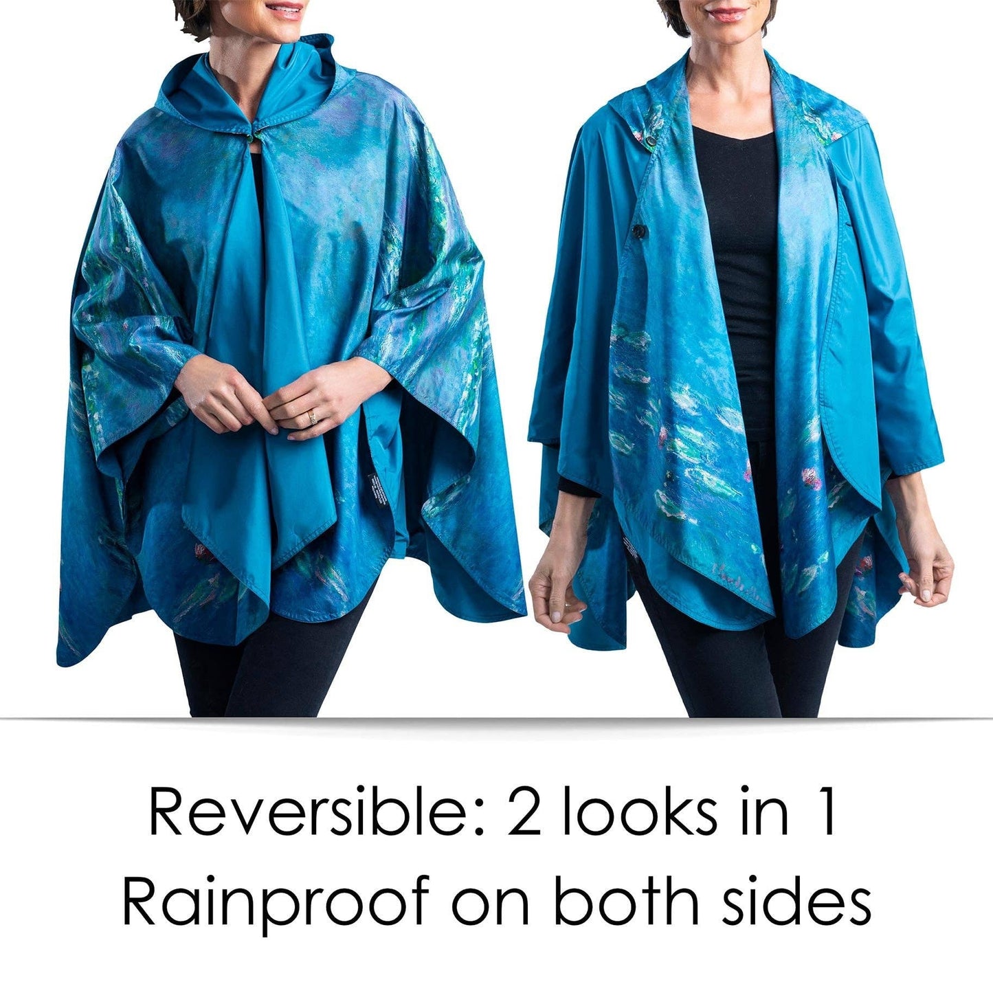 RainCaper - Monet Water Lilies Reversible Rain Cape Poncho – Lightweight Hooded Wrap for Women