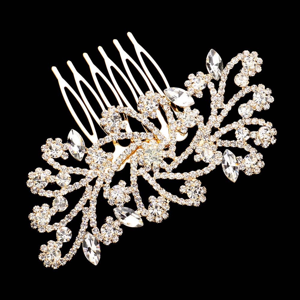 Sensibling Corp. - Marquise Stone Accented Rhinestone Paved Flower Leaf Vine Hair Comb: AB,Gold