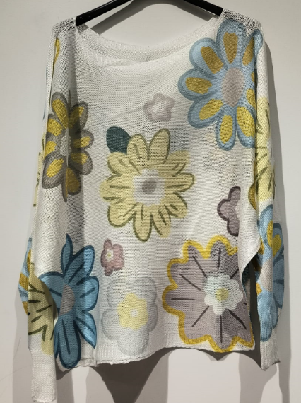LOOWIE -  POFLO White Daisy Round Knit Printed Sweater LOOWIE