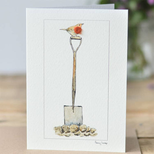 Papersheep UK - Robin on a Spade Card with Wool Finish | C6 Greeting Card