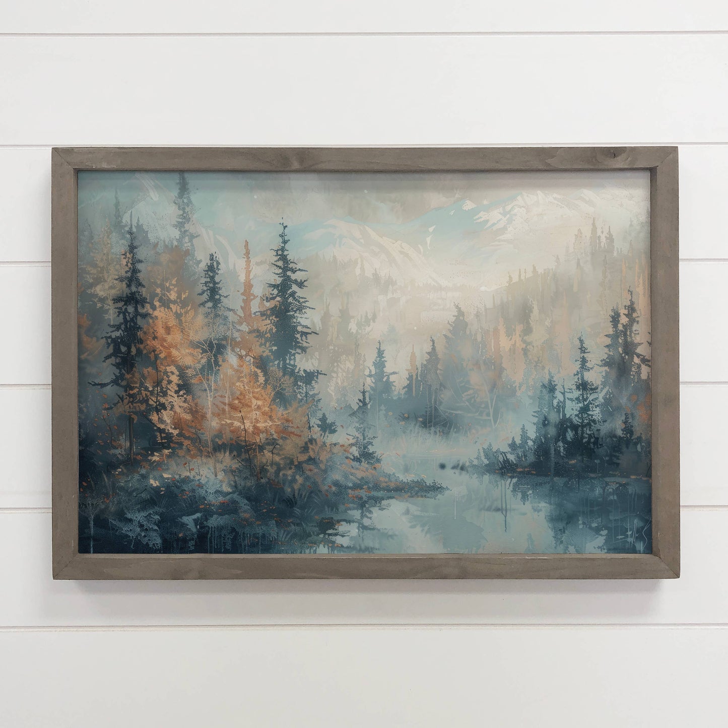 Hangout Home - Blue Tan Abstract Pines - Mountain Landscape Canvas Wall Art: 24x36" Extra Large Canvas Art with Thick Wood Frame