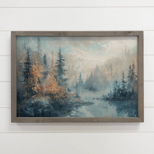 Hangout Home - Blue Tan Abstract Pines - Mountain Landscape Canvas Wall Art: 24x36" Extra Large Canvas Art with Thick Wood Frame