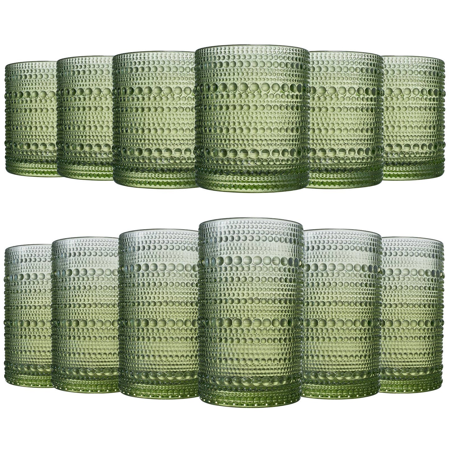 The Wine Savant /  Khen Glassware - Green Hobnail Glasses, 12 Set, 6x Low 11OZ + 6x High 12OZ