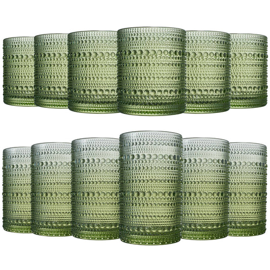 The Wine Savant /  Khen Glassware - Green Hobnail Glasses, 12 Set, 6x Low 11OZ + 6x High 12OZ