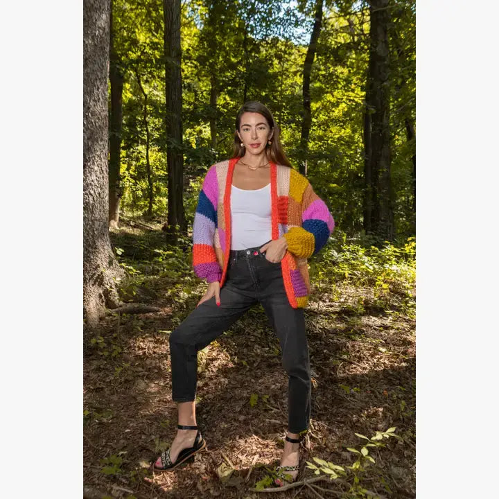 SAACHI - Rainbow Knitted Cardigan: Blue Combo