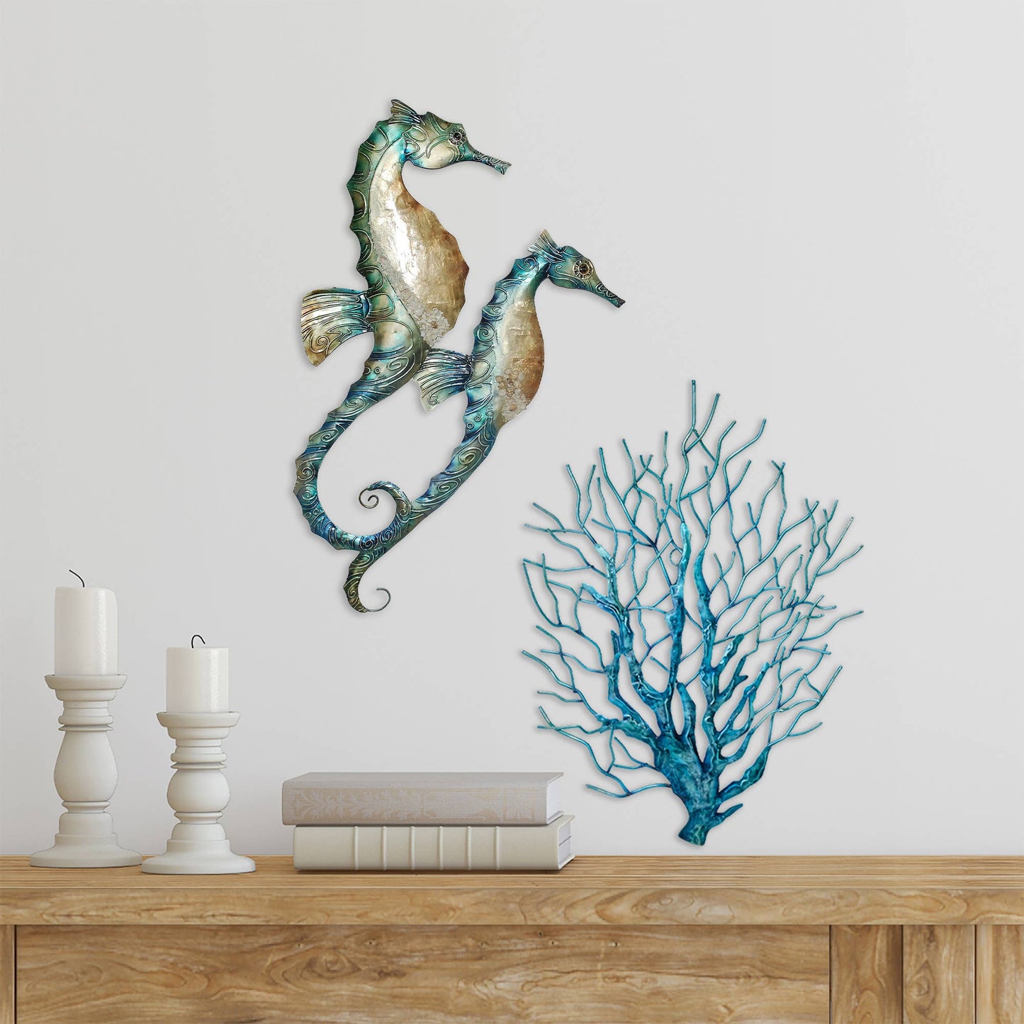 Eangee Home Design - Seahorse Duo Wall Decor Blue, Capiz & Metal, Outdoor Safe