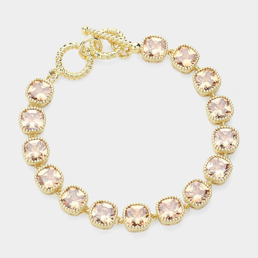 Sensibling Corp. - 14K Gold Plated Square CZ Stone Link Evening Toggle Bracelet: TOPAZ