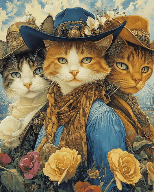 Mowbi - Three Amigos - Cowboy Cats - Wall Art Print - Coastal Cowgirl  8"x10" Artwork - 11"x14" Mat