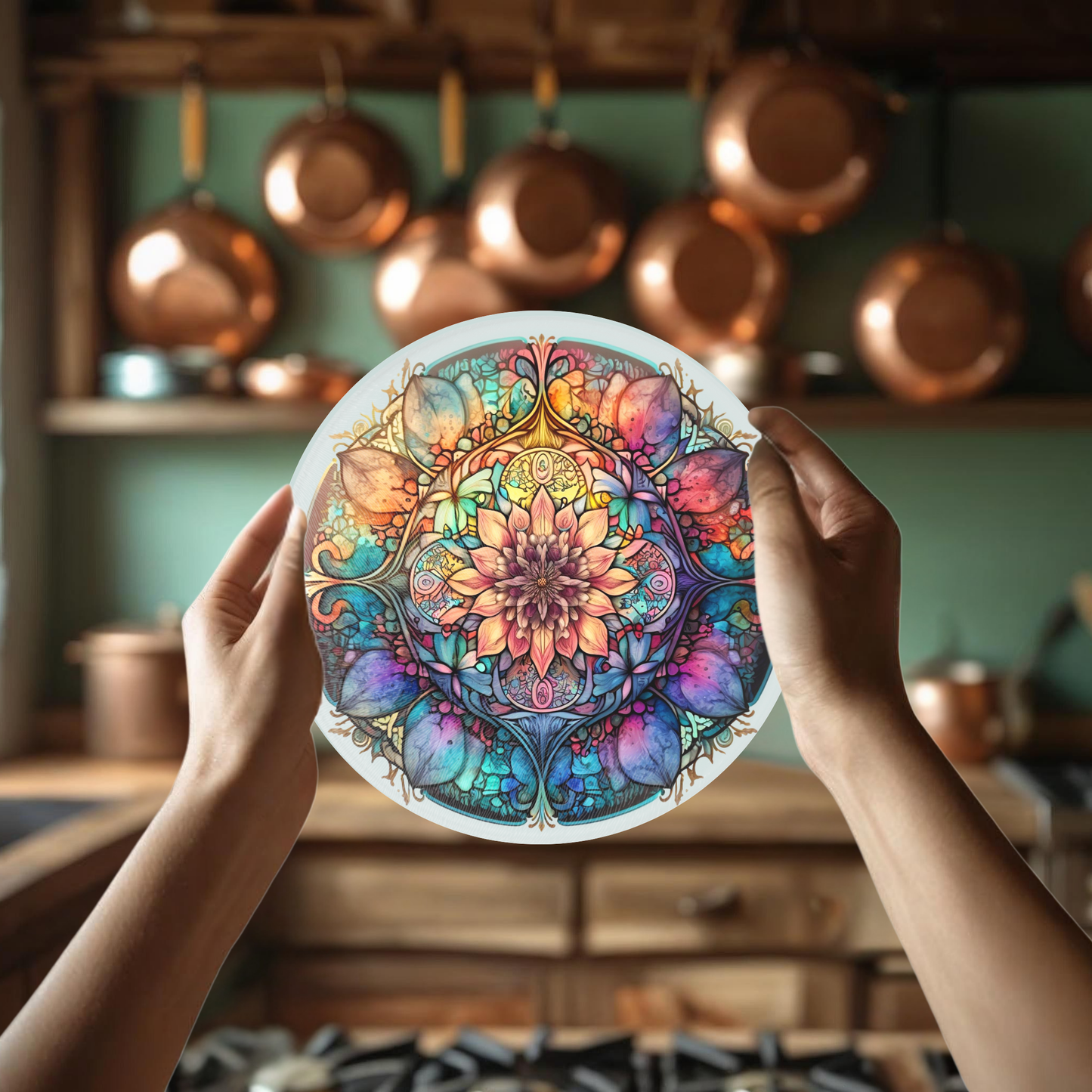 Fernville Creations - Mandala Cutting Board, Printed Image on Textured Glass: 12 Inch