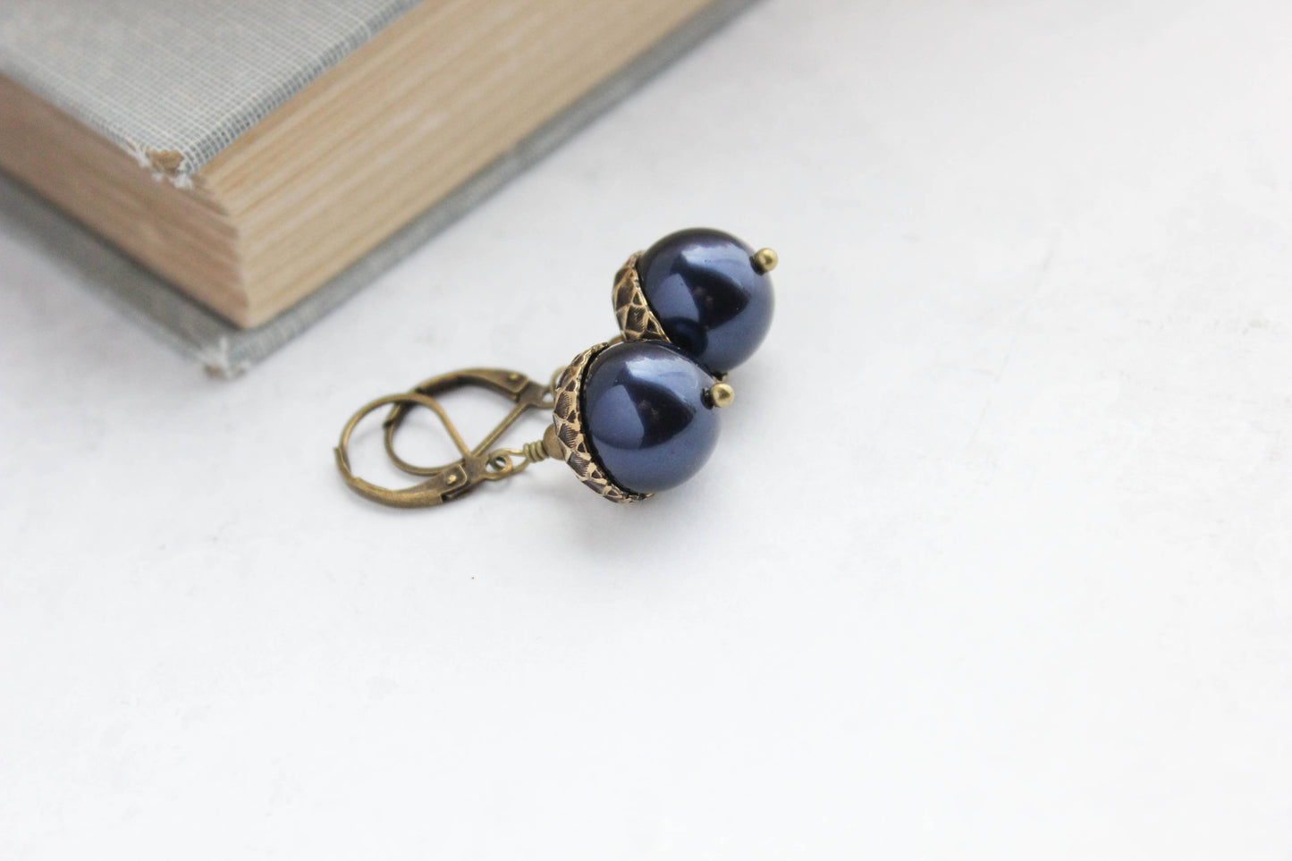 A Pocket of Posies - Midnight Blue Pearl Acorn Earrings - ANTIQUED BRASS