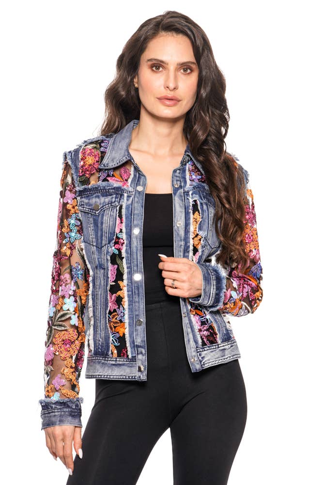 Adore - A7217-86C DENIM JACKET WITH FLORAL EMBROIDERED SEQUENCE: S