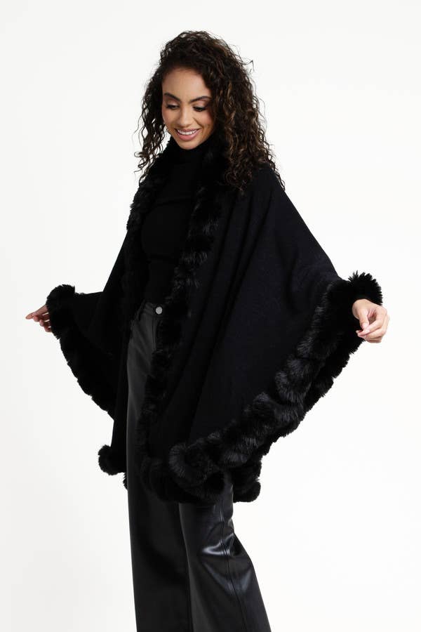 SAACHI - Faux Fur Cape Kimono: BLACK