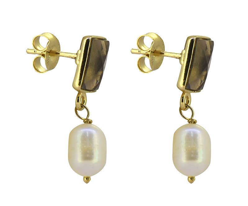Tiramisu - Pearl Smoky Quartz Gold Plated 925 Silver Drop Earrings