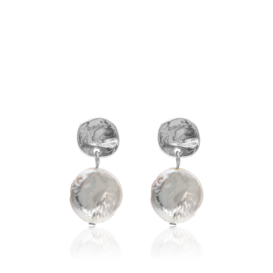 KARINE SULTAN - Elegant Coin Studs with Flat Pearl Drop - 24K Gold Plated: Silver