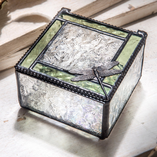 J Devlin Glass Art & Bert Anderson Collection - Green & Clear Stained Glass Dragonfly Keepsake Box 141