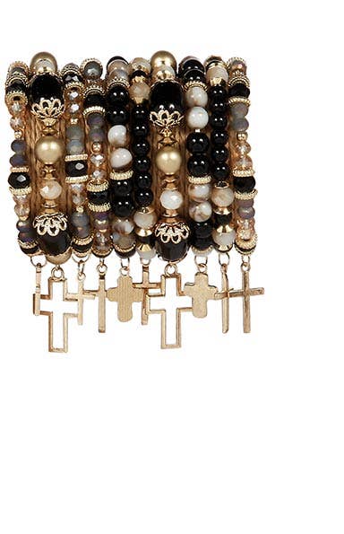 Kaleidoscope Accessories - Beaded Cross StackBracelets, 10 Pieces: Black