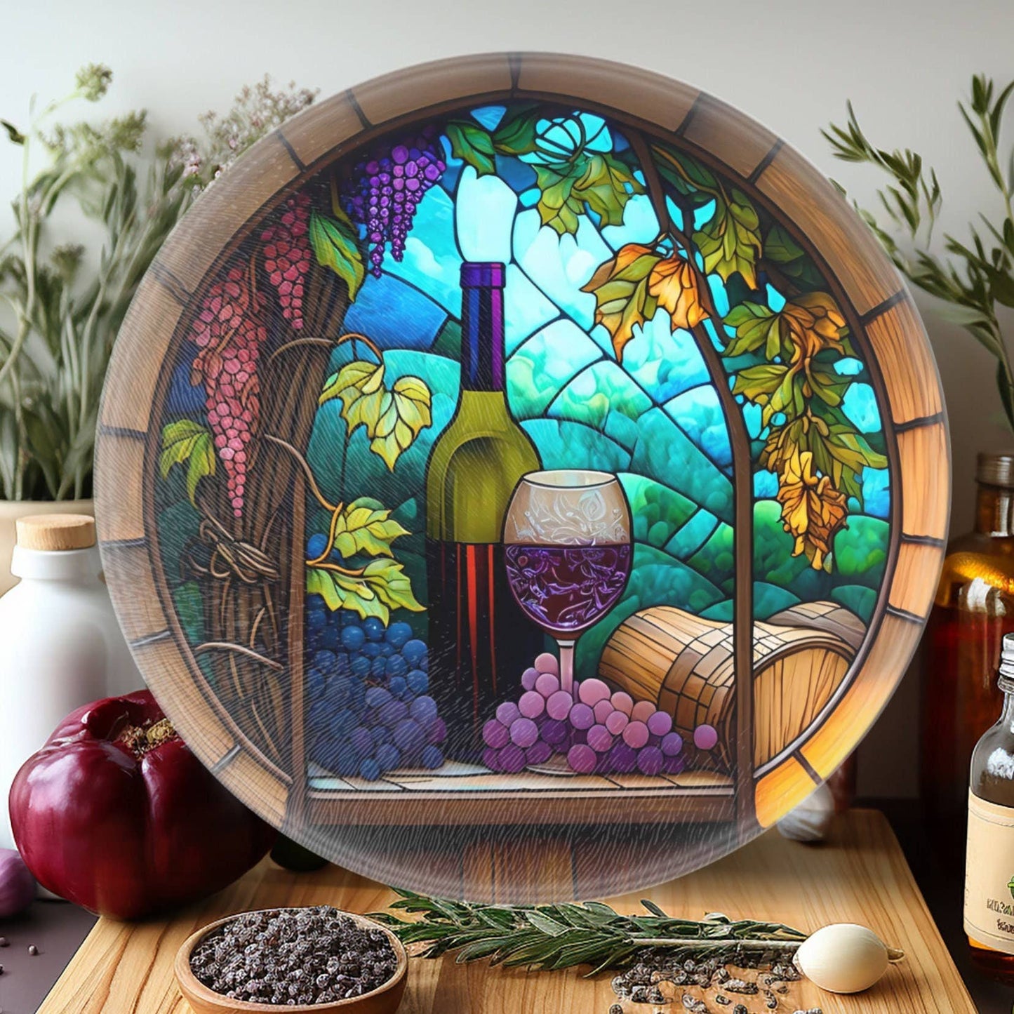 Fernville Creations - Wine Theme Cutting Board, Printed Image on Tempered Glass: 12 Inch