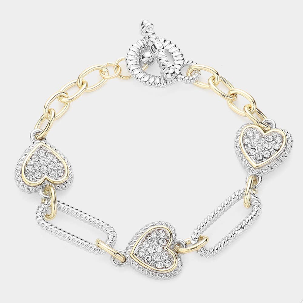 Sensibling Corp. - 14K Gold Plated Paved Heart Textured Link Toggle Bracelet: PAVE
