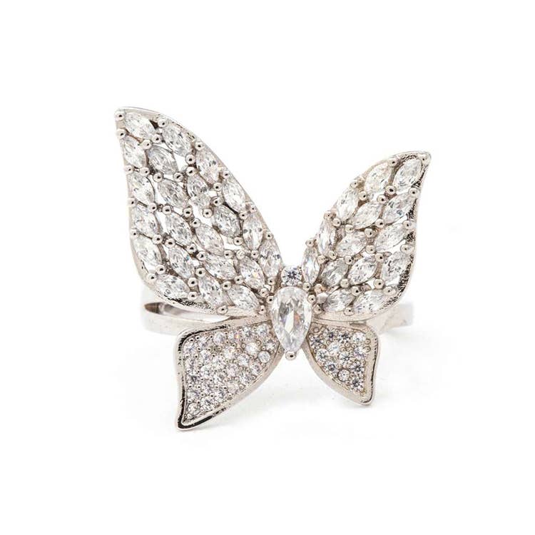 Artini Accessories - Cubic Zirconia Iconic Butterfly Ring: Silver/Clear