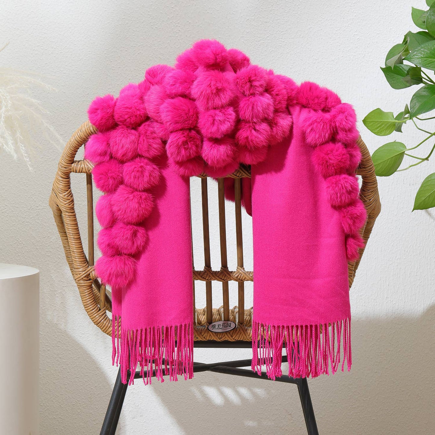 PEACH ACCESSORIES - M304 pompom fur Shawl: Baby Pink